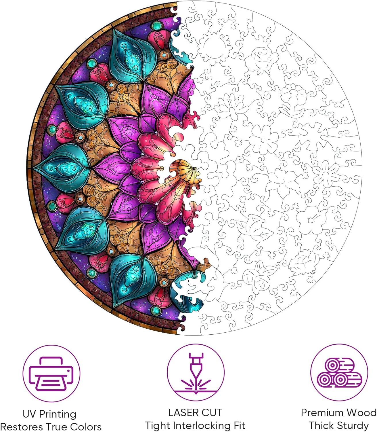 Wooden Puzzles for Adults, Mandala Puzzles 200 Pieces, Unique Shaped Jigsaw Puzzles for Adults and Kids, Birthday Gifts Fun Challenge Family Game 11.2'' x 11.2''