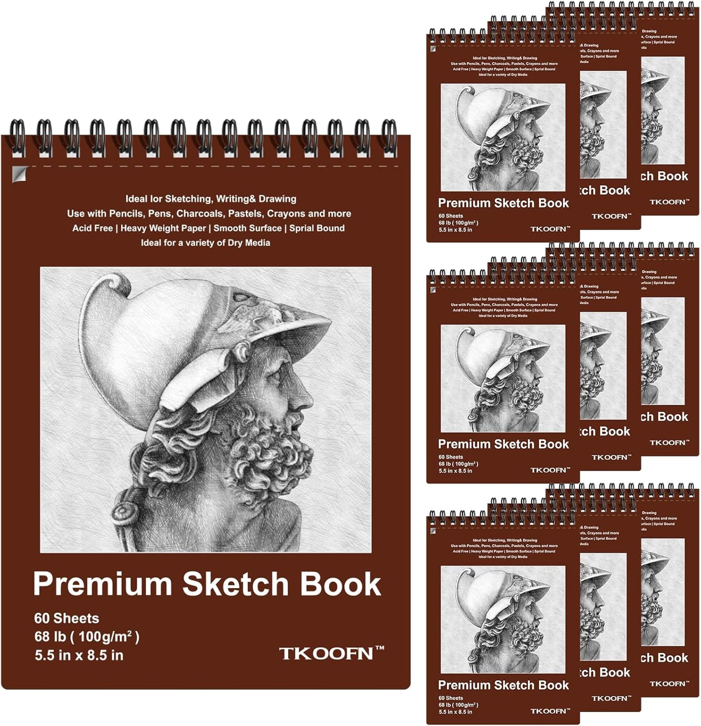 TKOOFN 5.5" x 8.5" Sketch Book, Pack of 10, 600 Sheet Top Spiral Bound Premium Sketchbook Drawing Pads(68lb/100gsm), Acid-Free Painting Paper for Adults Kids Artists Beginners