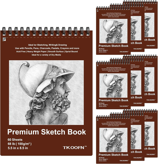 TKOOFN 5.5" x 8.5" Sketch Book, Pack of 10, 600 Sheet Top Spiral Bound Premium Sketchbook Drawing Pads(68lb/100gsm), Acid-Free Painting Paper for Adults Kids Artists Beginners