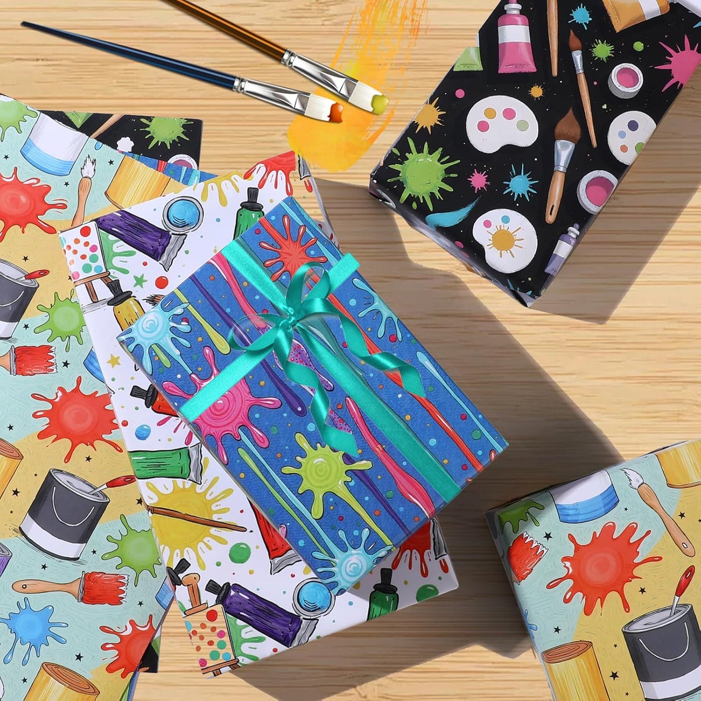 Pineraap 12 Sheets Art Wrapping Paper, Painting Palette Brushes Paint Design Gift Wrap Paper, Creative Art Doodles Folded Flat Gift Wrap for Artists, Birthdays, Celebrations, 19.7 x 27.6 Inch