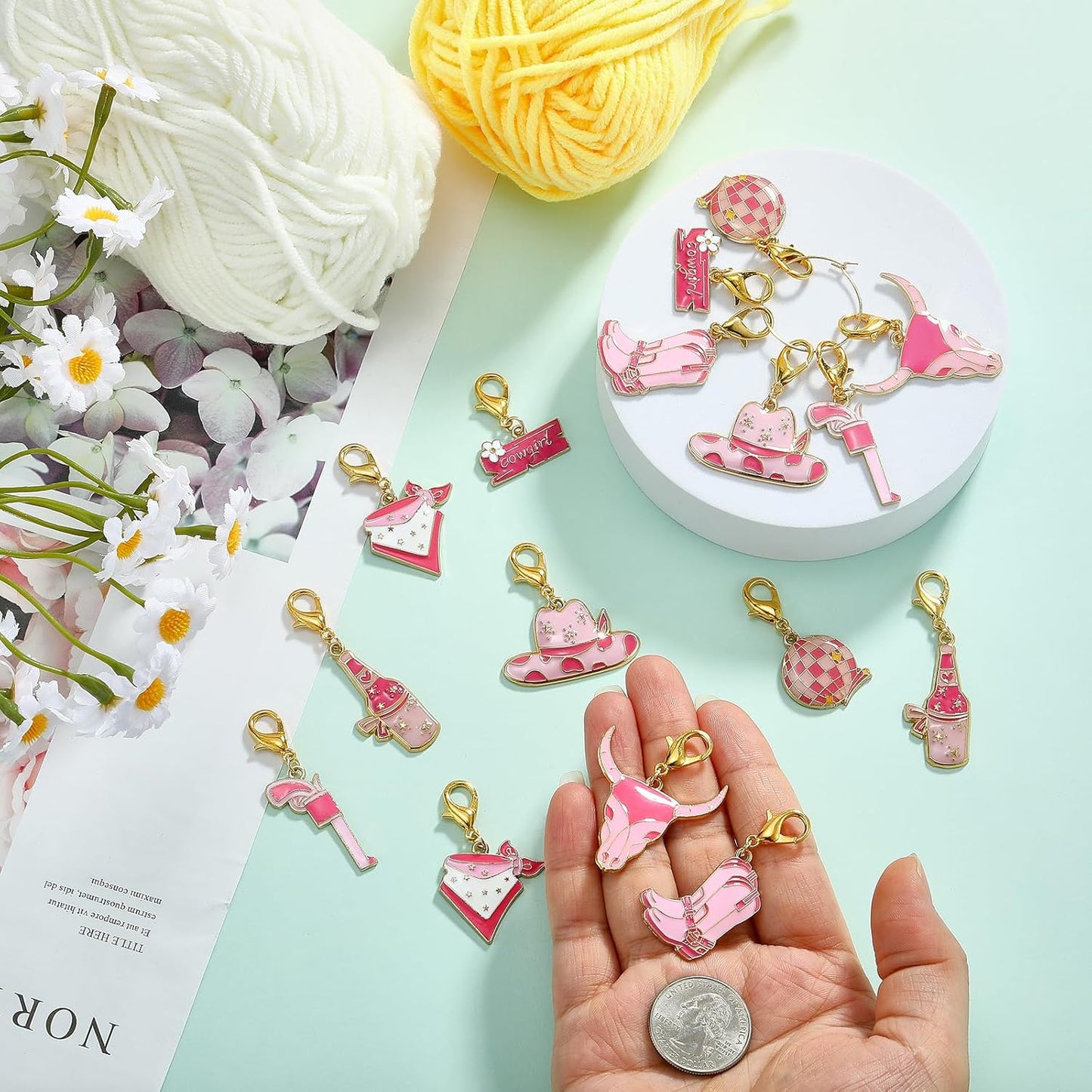 BEEFLYING 16Pcs Cowgirl Stitch Marker Charms for Crocheting and Knitting, 8 Styles Locking Pink Enemal Crochet Knit Stitch Marker Pendant with Leverback Clasp for Knitting Crocheting Accessories