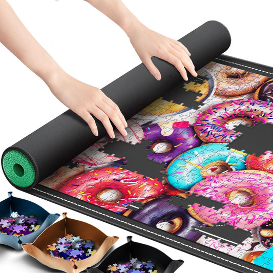 Lwoeo Jigsaw Puzzle Mat Roll Up, No Creases 53.3” x 35” Rubber Saver Pad Up to 3000 Pieces, Black Large Puzzel Matte Rollup with 6 Sorting Trays & 1 Storage Bag. Ideal for Holiday and Birthday