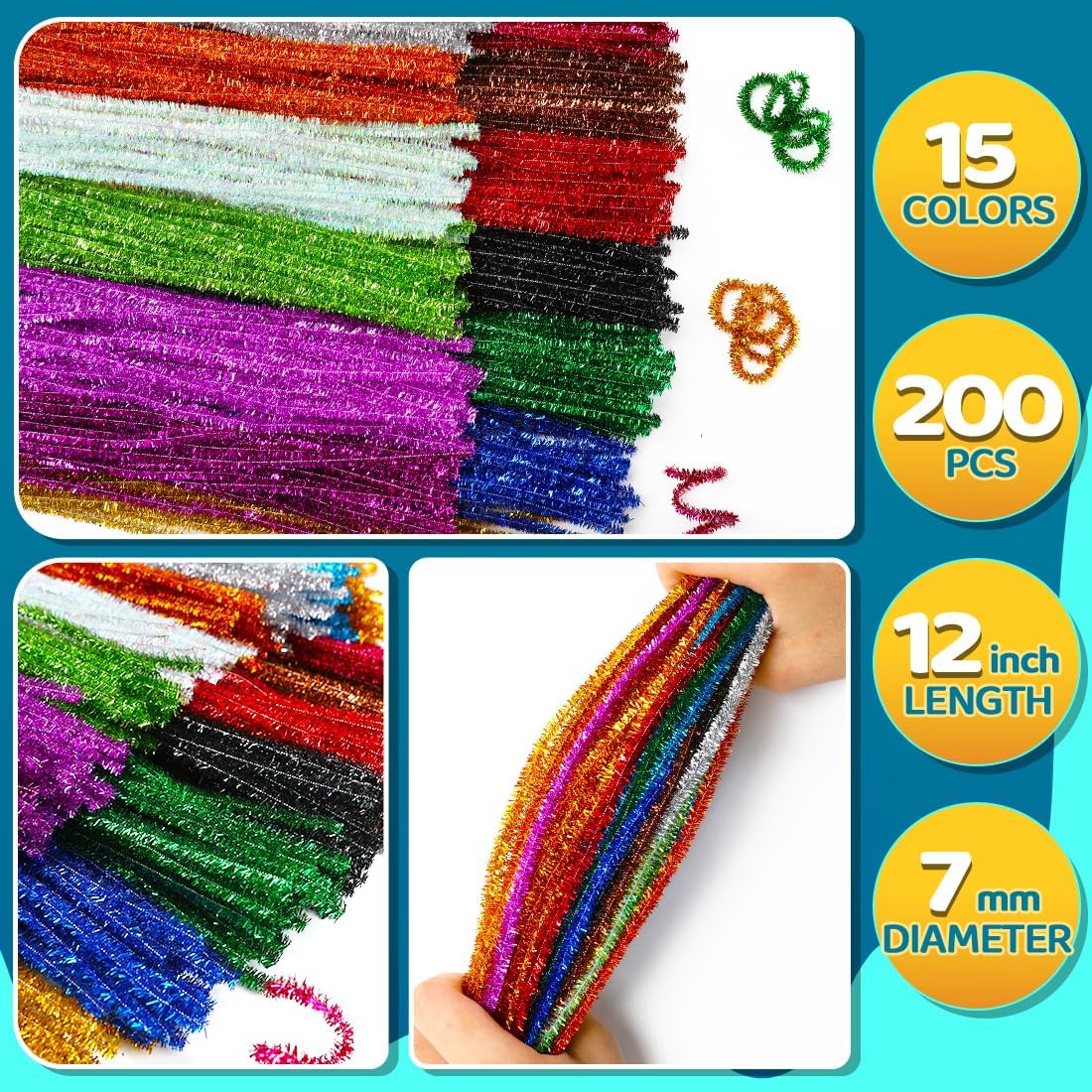 200pcs Pipe Cleaners, Pipe Cleaners for Crafts, Craft Supplies Multicolor Chenille Stems for Art&Craft Christmas DIY Projects(15colors,Glitter)