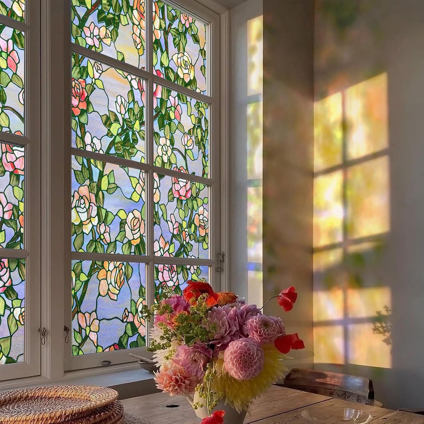 3D Stained Glass Window Film, Decorative Window Privacy Film for Bathroom, Front Door, Home, Sun Blocking Heat Control, Static Cling, Beast Rose 35.4inch x 78.7inch
