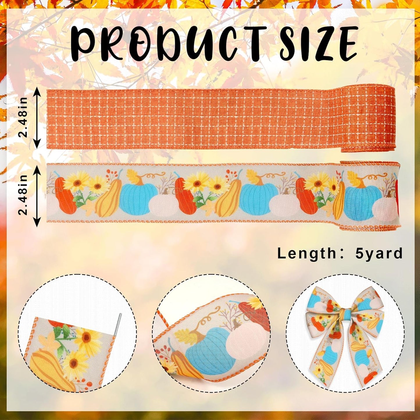 2 Rolls Fall Pumpkins Leaves Ribbons for Bows, Thanksgiving Wired Edge Ribbon Orange Buffalo Plaid Burlap Ribbons for Gift Wrapping Autumn Thanksgiving Decoration Supplies