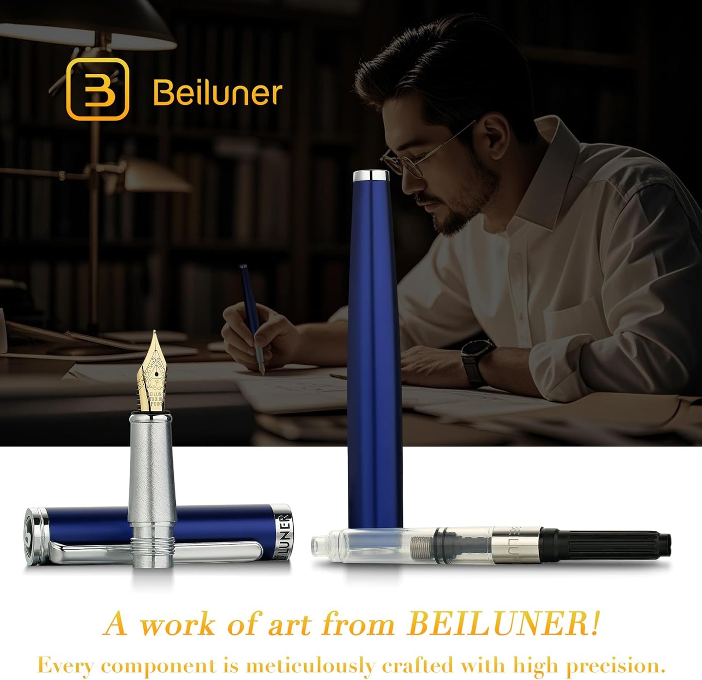 BEILUNER Luxury Fountain Pen Set,Solid 24K Gilded Fine Nib, Modern Classic Limited Edition -Includes 6 Ink Cartridges&Ink Refill Converter with Gift Case-Perfect for Men and Women（Charming blue）