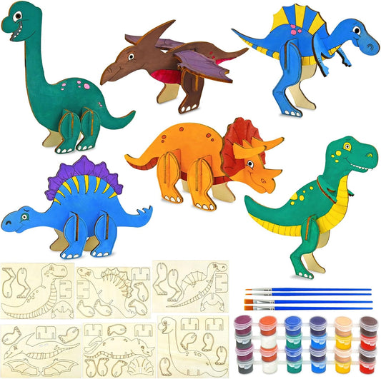Vileafy Wooden Dinosaur Crafts for Kids Ages 4-8, 3D DIY Painting Kit with 6 Dinosaurs, Brushes & Paint -Arts and Crafts - Preschool Activity and Gift for Boys and Girls