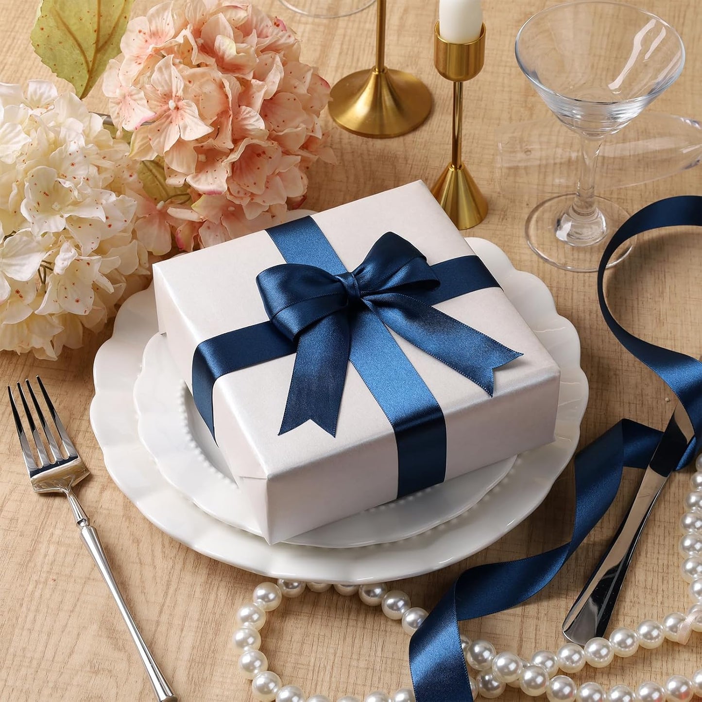 LaRibbons Navy Satin Ribbon 1 Inch 50 Yards Luxury Double Faced Blue Silk Ribbon for Flower Bouquet Crafts Gift Wrapping Wedding Bow Decoration