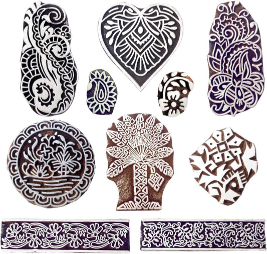 Royal Kraft Wooden Stamps for Block Printing on Saree Border, Textile, Clay, Pottery, Tattoo (Set of 10) MXtag0001