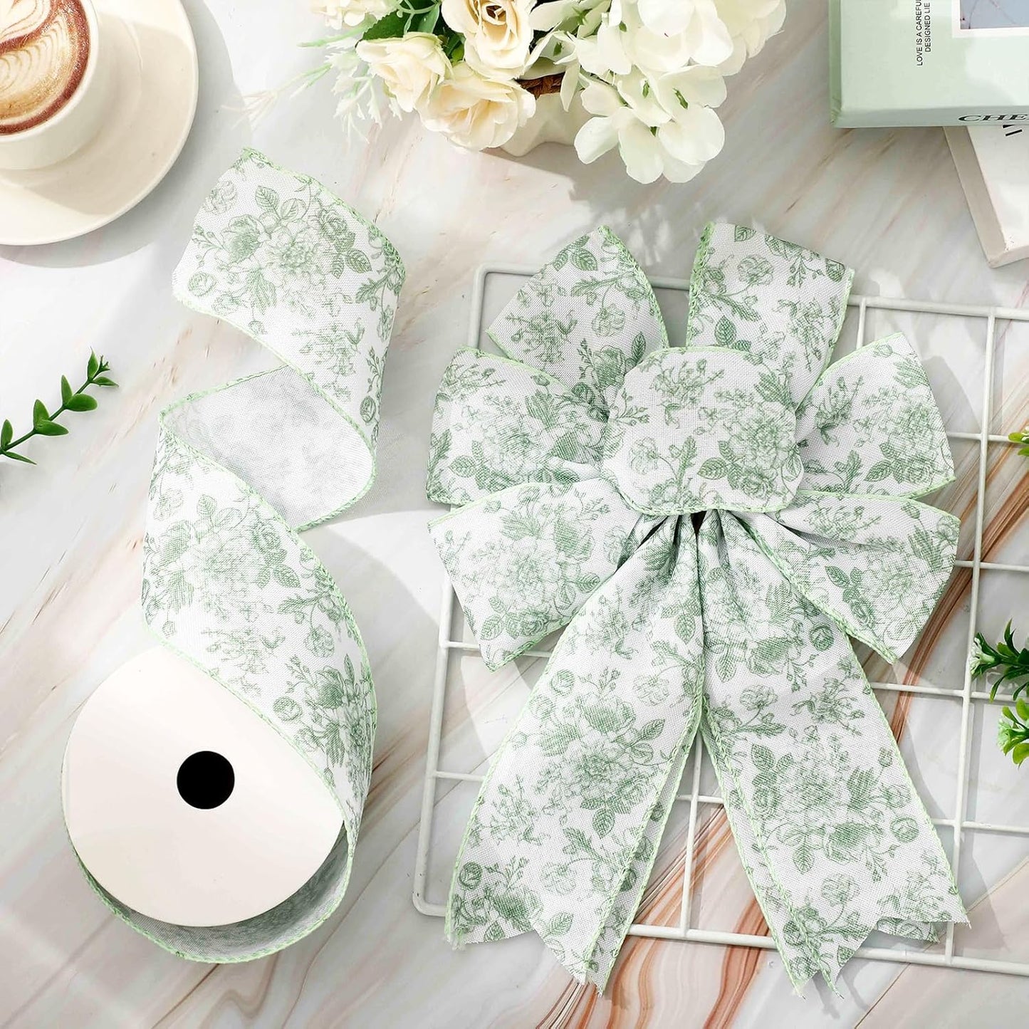 AnyDesign Floral Wired Edge Ribbon Roll Green Flower Ribbon Chinoiserie Fabric Ribbon for Wreath Bow Making DIY Crafts Gift Wrapping, 12 Yard