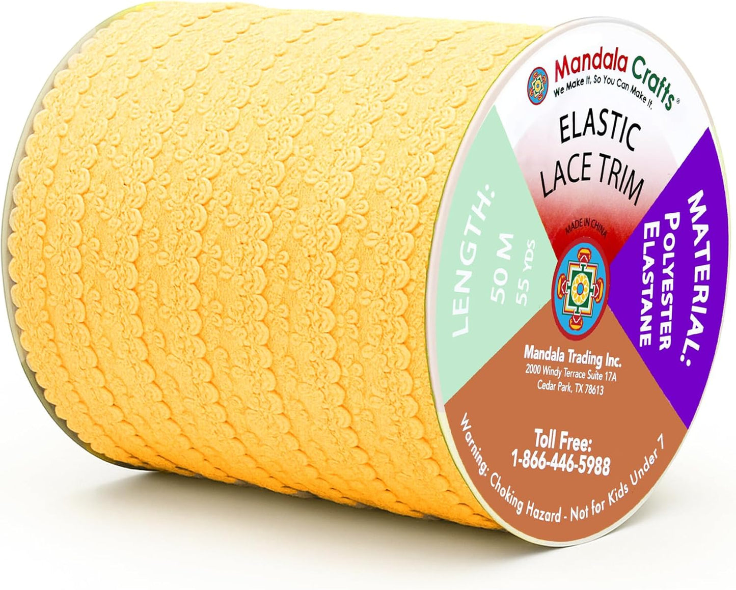 Mandala Crafts Mustard Yellow Stretch Lace Soft Elastic Trim Roll - 55 Yards 1 Inch Wide Stretchy Frilly Picot Ribbon for Sewing Lingerie, Headbands, Underwear, and Crafts