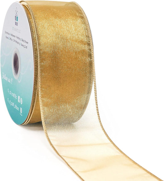 CT CRAFT LLC Sheer Organza Wired Ribbon 2.5" x 50Yards Tan (Gold) for Wedding Chair Bow Flora Bouquet Gift Wrapping Christmas Tree Home Decor Wreath
