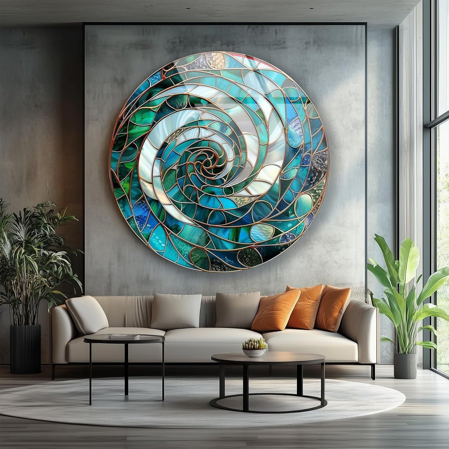 My Photostation.com 15.8''(40cm) Diameter Aqua Spiral Harmony Round Glass Wall Art Tempered Glass Printing Wall Decor Large Wall Art Wall Hangings