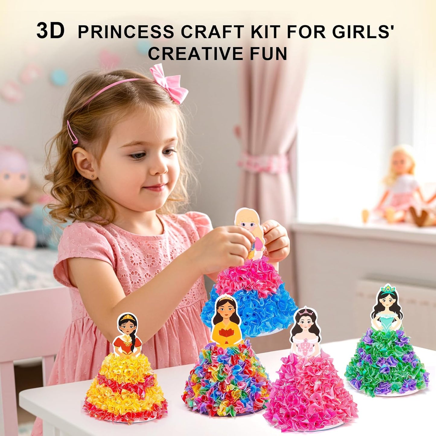 PP OPOUNT Poke Art Kits for Girls, 5 pcs 3D Magical Princess & 5 Bags Kids Paper Craft Kits, DIY Wood Craft Kit, Mess-Free Creative Activity Art and Crafts, Birthday Christmas Gift for Girls Ages 4-8