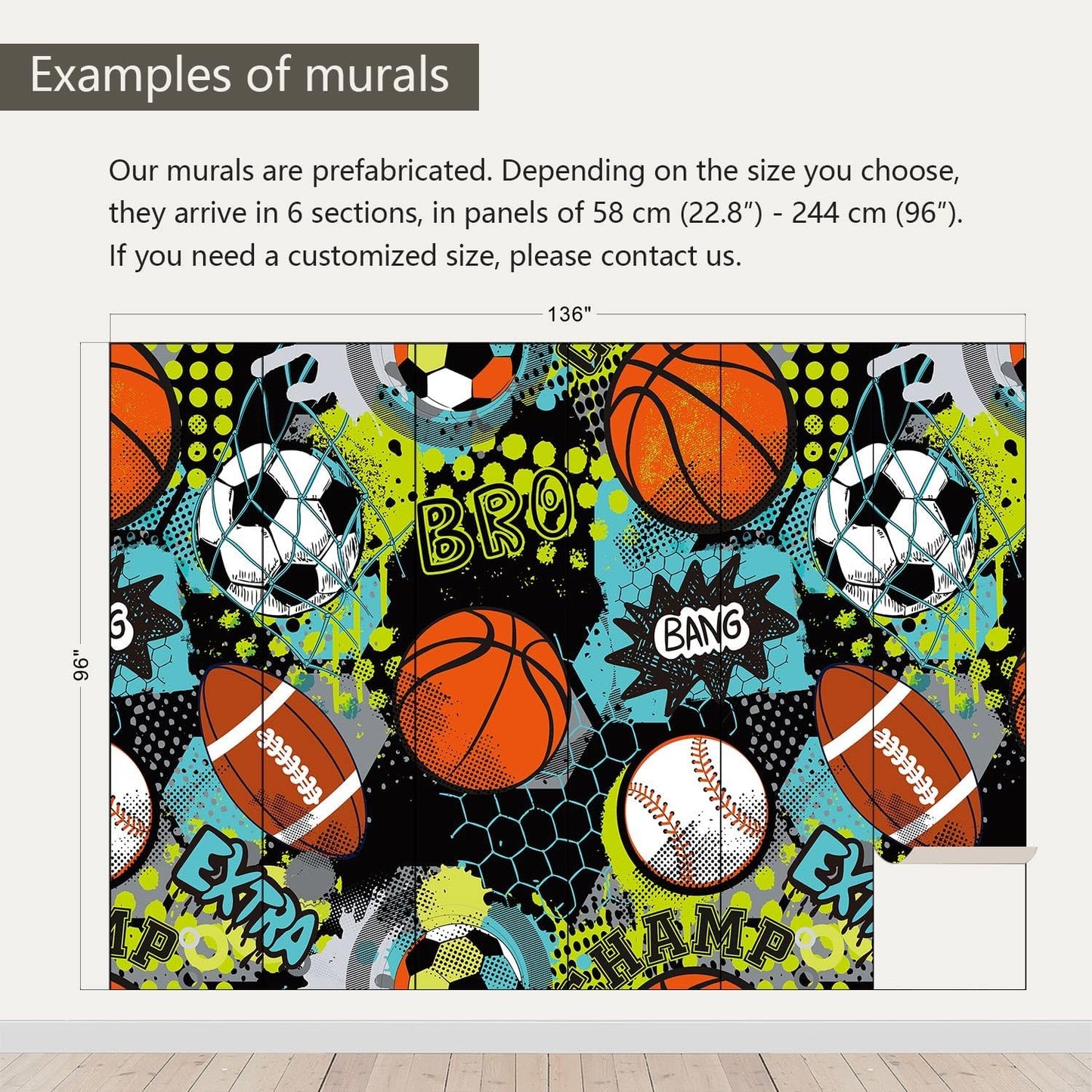 AFZEVEB-Colorful Graffiti Wallpaper Hand-Painted Ball Wall murals for Kids Room 136"x96"(Not Peel and Stick)