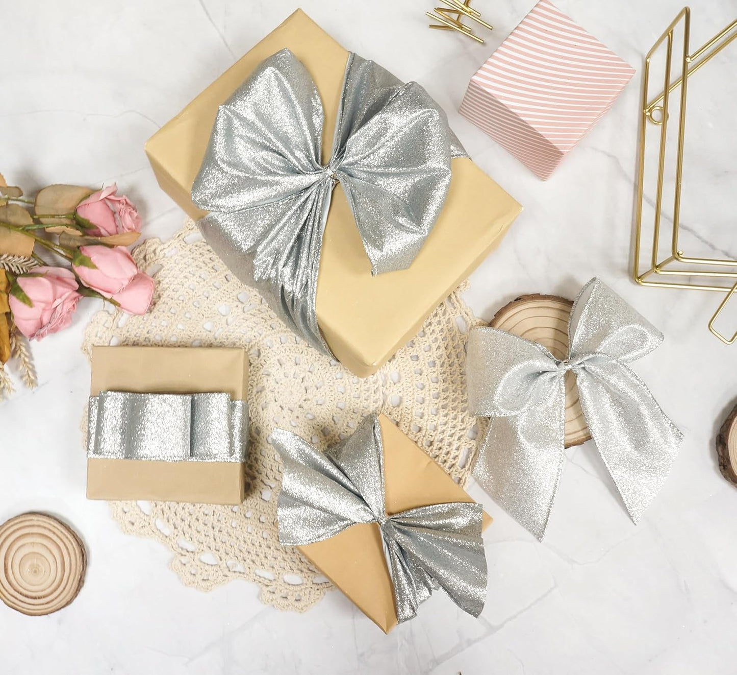 CT CRAFT LLC Glitter Wired Ribbon 1.5" x 20 Yards Silver for Christmas Home Decor Bow Gift Wrapping DIY Crafts Wreath