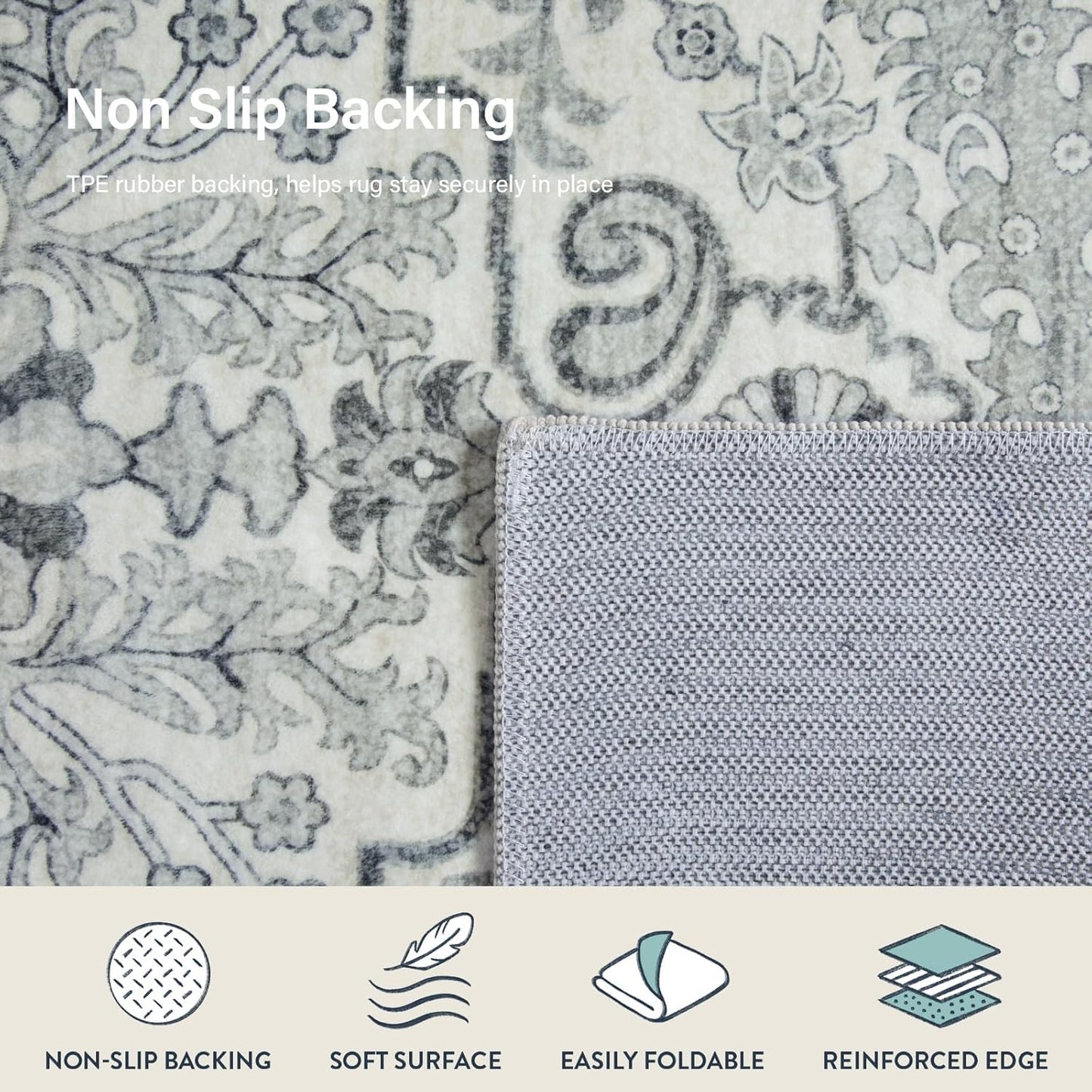 Lahome Area Rug 4x6 Bohemian Vintage Washable Boho Rugs for Bedroom Aesthetic, Beige Rugs for Living Room, Floral Medallion Soft Non-Slip Non-Shedding Faux Wool Rug for Entryway Kitchen Dining Table