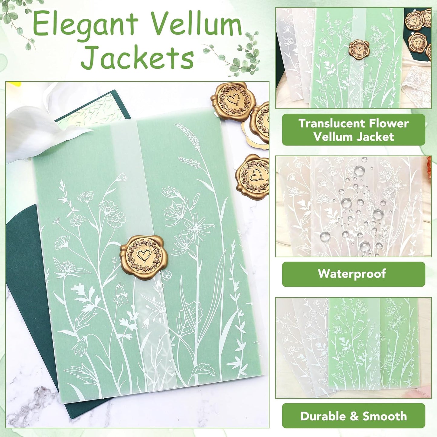 SWANGSA 50 Sets Wedding Invitations Wraps, Vellum Jackets for 5x7 Invitations & Self Adhesive Antique Gold Heart Wax Seal Stickers for Wedding Bridal Baby Shower Birthday Envelopes (White Wildflower)