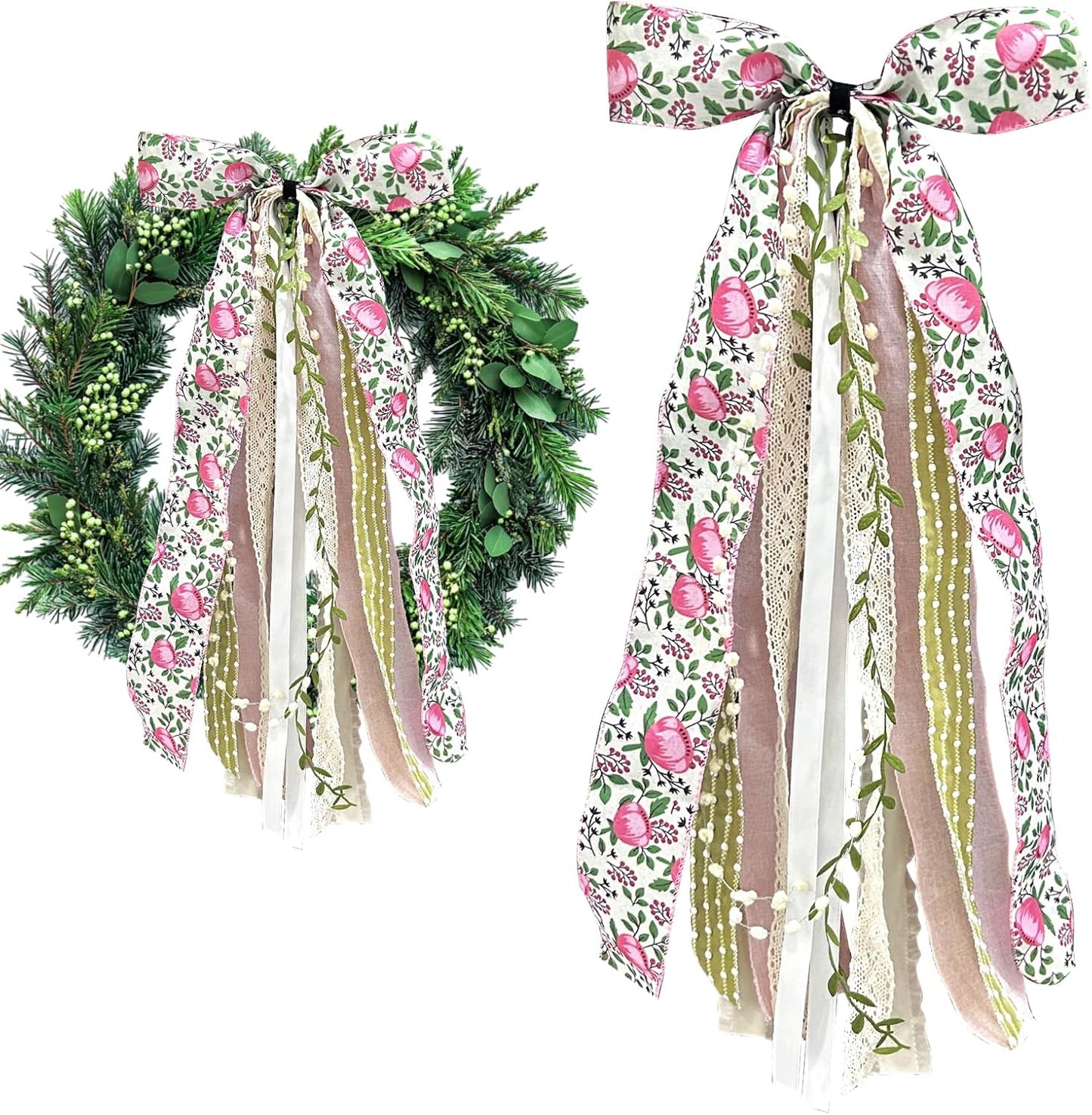 Large Flower Ribbon Bow for Wreath, Pink Floral Fabric Ribbons Set Assorted Leaves Lace Ribbon Green Dot Clip-On Wreath Sash Ribbons Bundle for Home Indoor Outdoor Decor