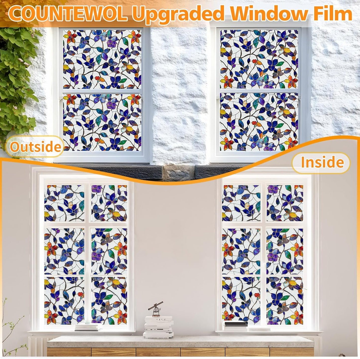 Window Privacy Film Stain Glass Window Film Rainbow Window Film Window clings Non-Adhesive Reusable Decorative for Room (Frosted Stained Leaf, 35.4 x 78.7 in)