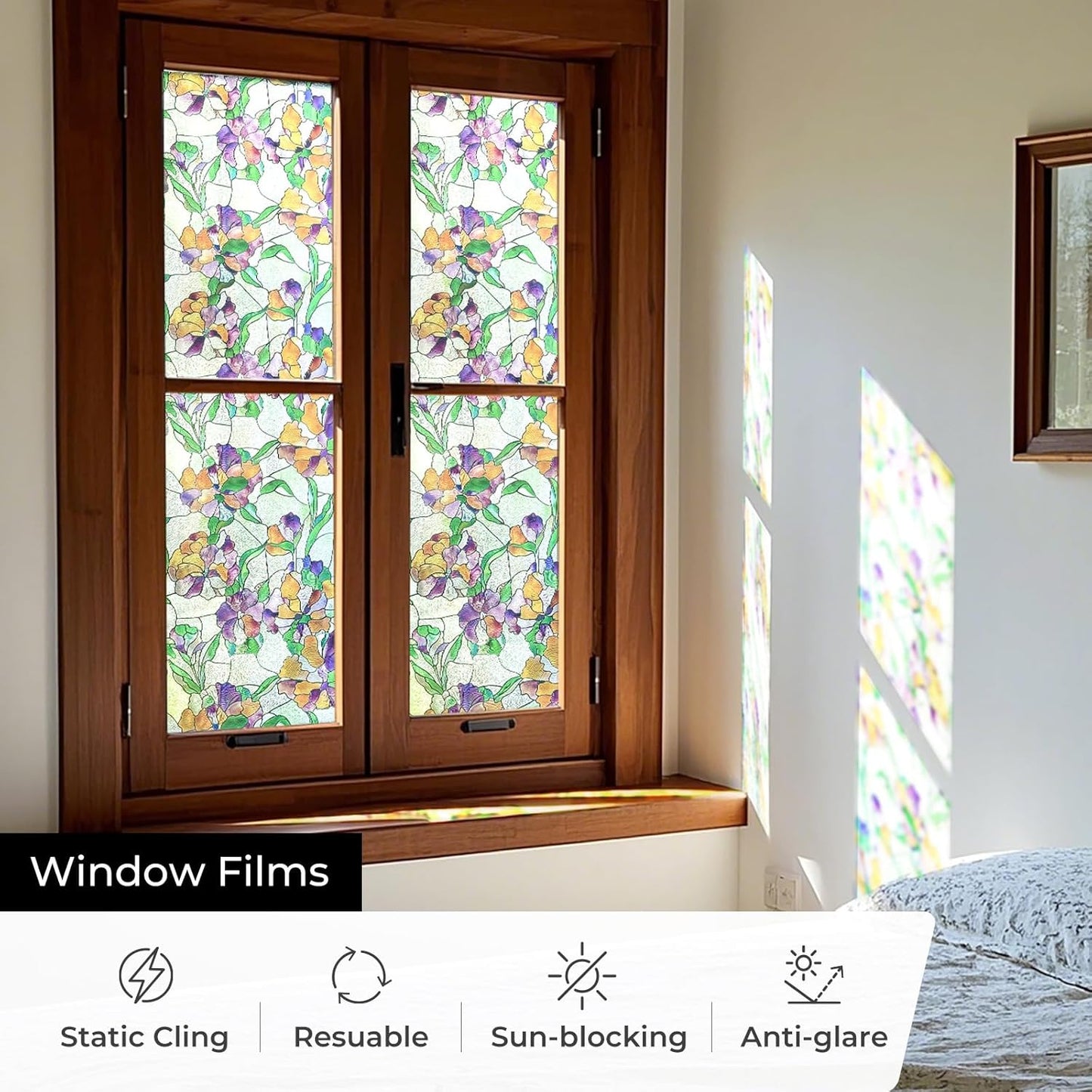 3D Stained Glass Window Film, Decorative Window Privacy Film for Bathroom,Front Door,Home, Sun Blocking Heat Control,Static Cling, Viola Tricolor 23.6inch x 35.4inch