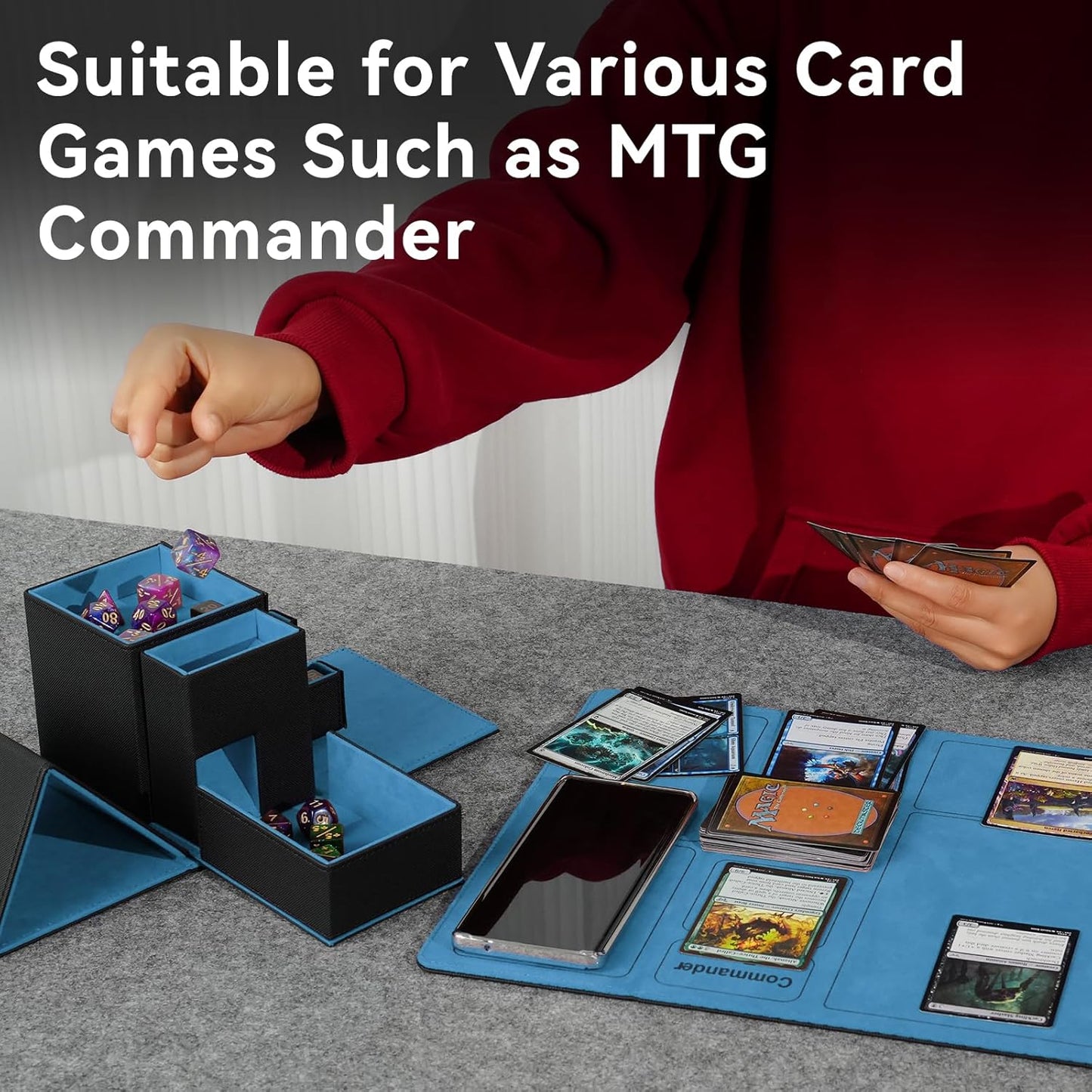 Dice Tray & Dice Tower Storage Box, 3 in 1 Dice Holder Case (Dice Rolling Tray, Dice Rolling Tower, Dice Storage Drawers), Leather Magnetic Closure DND Accessories Gifts for RPG MTG, Black/Blue