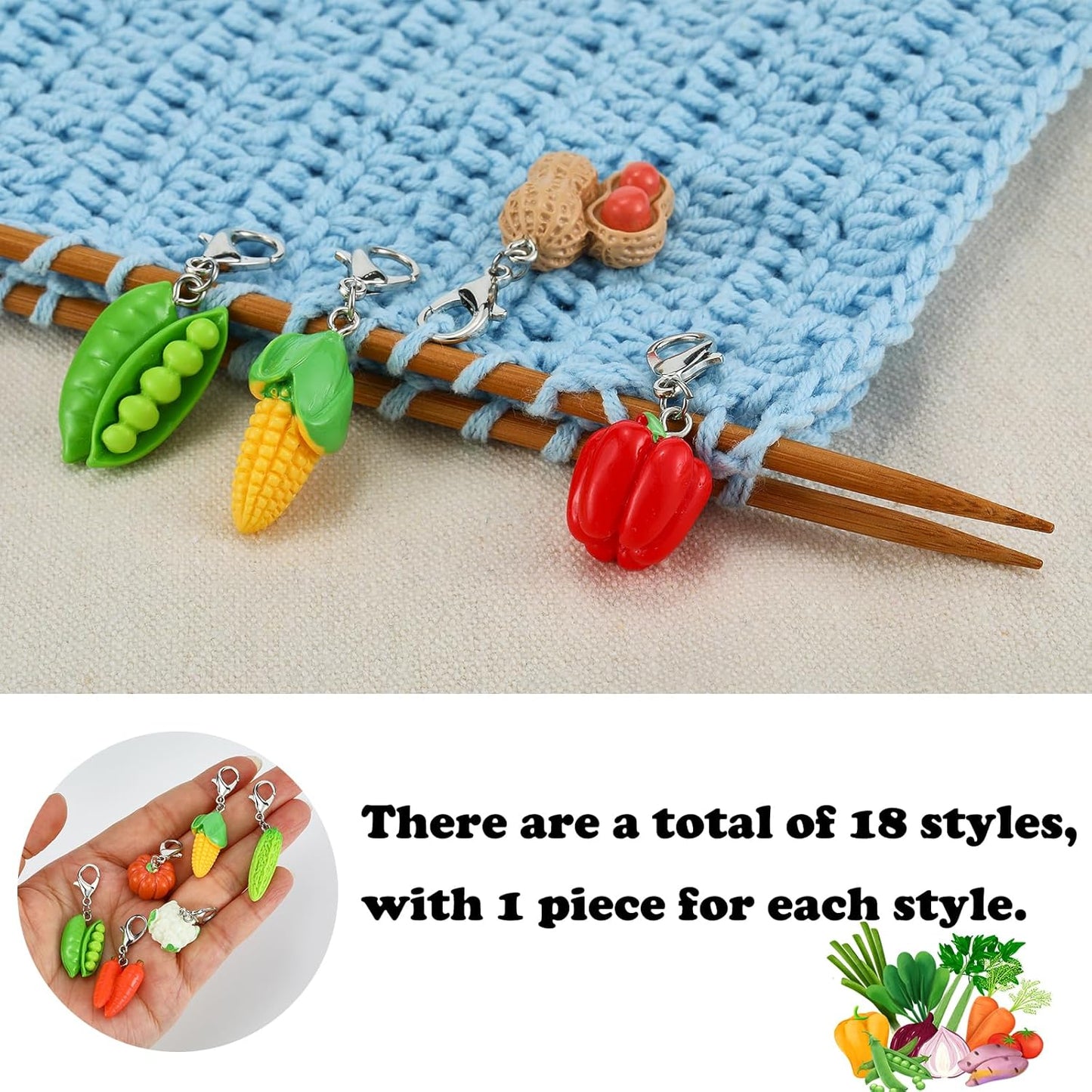 BEEFLYING 18Pcs Vegetable Stitch Marker Charms for Crocheting and Knitting, Resin Plant Crochet Knit Stitch Marker Pendant with Lobster Clasp for Sewing Quilting Handmade Jewelry