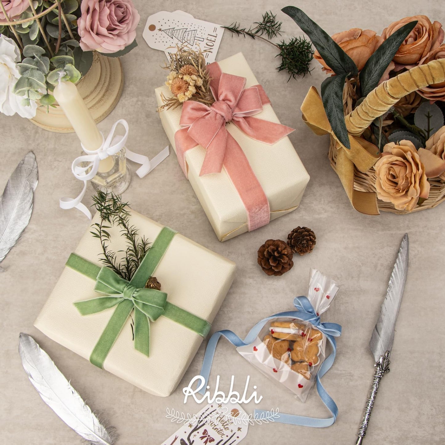 Ribbli Sage Green Velvet Ribbon 5/8 Inches Continuous10 Yard Spool Spring Moss Christmas Ribbon for Gift Wrapping Crafts Home Decor