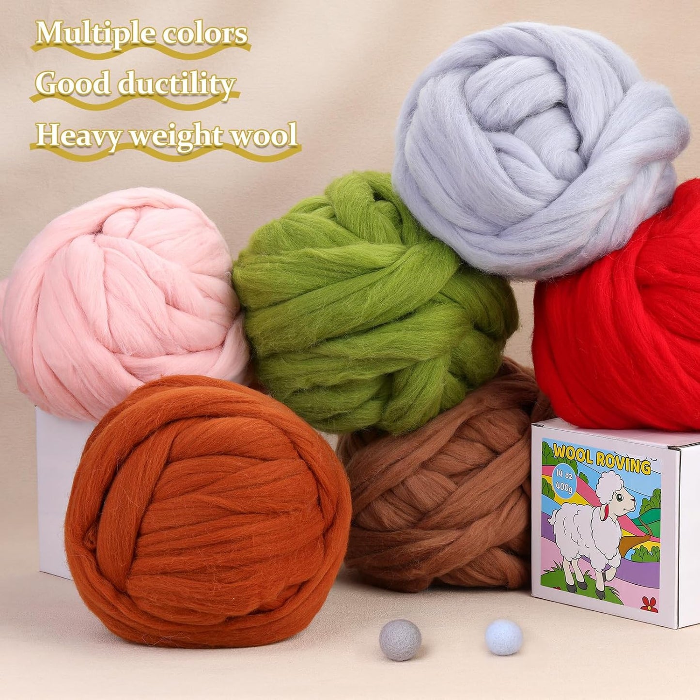 QMNNMA Wool Roving Bulk, 14.1oz Needle Felting Wool, Fiber Roving Wool Top for Hand Spinning, Felting, Blending, Weaving and DIY Craft (400g)