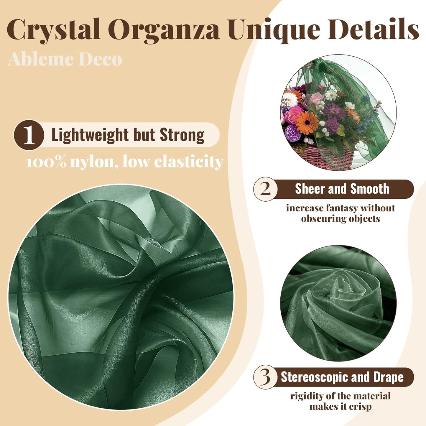 Organza Fabric by The Yard, 60 Inch Wide 10 Yards (30 ft) Extra Long Sheer Fabric for DIY Sewing Projects Window Scarf Wedding Decorations Party Backdrops Curtains (Hunter Green)