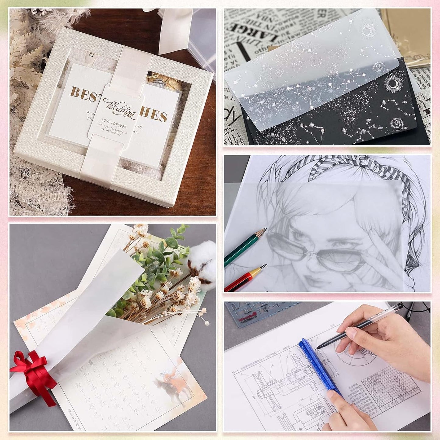 130 Pcs Vellum Translucent Paper 8.5 x 11 inches Tracing Vellum Invitation Paper for Vintage Greeting Card Overlays, Lanterns, Envelope Sketching Crafting Scrapbooking, Journaling (93gsm/63lb)