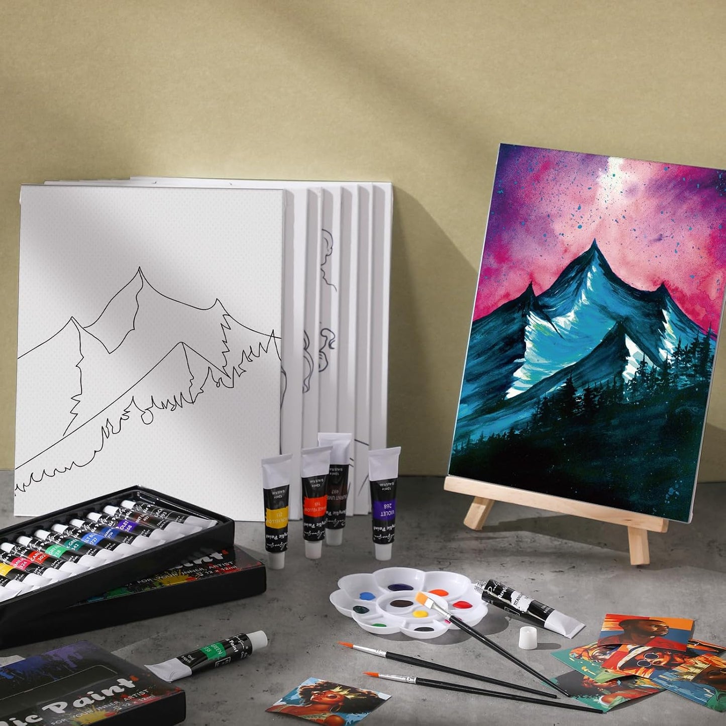 Cholemy 36 Pcs Paint and Sip Kit for Adults 8''x10'' Pre Drawn Canvas for Painting DIY Afro Acrylic Painting Kit Wood Easel Brushes Date Night Bulk for Christmas Party Gifts(Mountain)