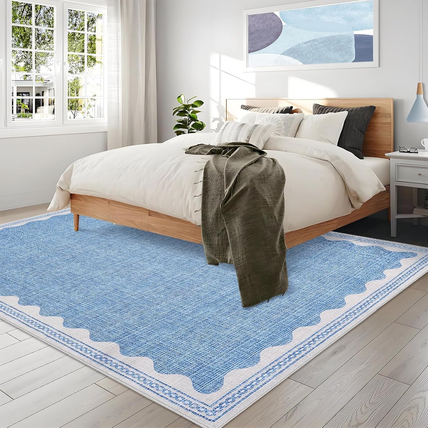 Scalloped Washable Rug 8x10 Area Rugs for Living Room, Solid Blue Rug for Bedroom Girls, Non Slip Throw Carpet with Rubber Back, Soft Dorm Nursery Scalloped 8x10 Rugs for Dining Room