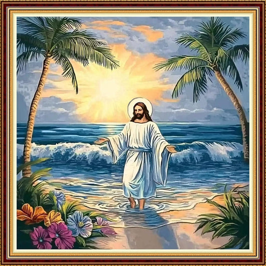 Hopeart Stamped Cross Stitch Kits for Beginner Embroidery Kits for Beginners Adults DIY 11CT Cross Stitch Patterns Needlepoint Kits Crossstitching Kits-Jesus Coconut Tree 18x18 inch