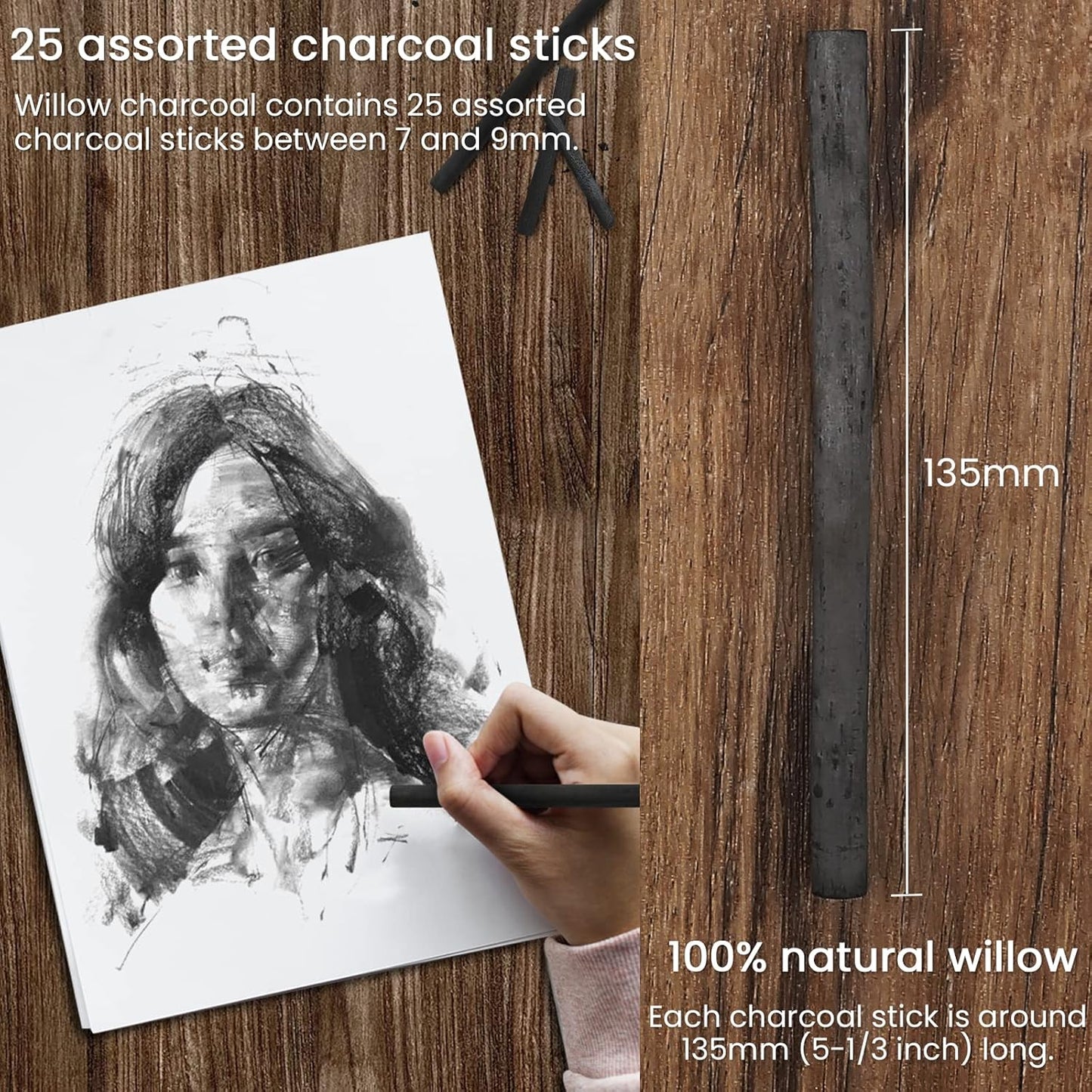 LOONENG Willow Charcoal Sticks, Natural Willow Charcoal for Artists, Beginners, or Students of All Skill Levels, Great for Sketching, Drawing, and Shading, Approx 2-4mm in Diameter, Pack of 25