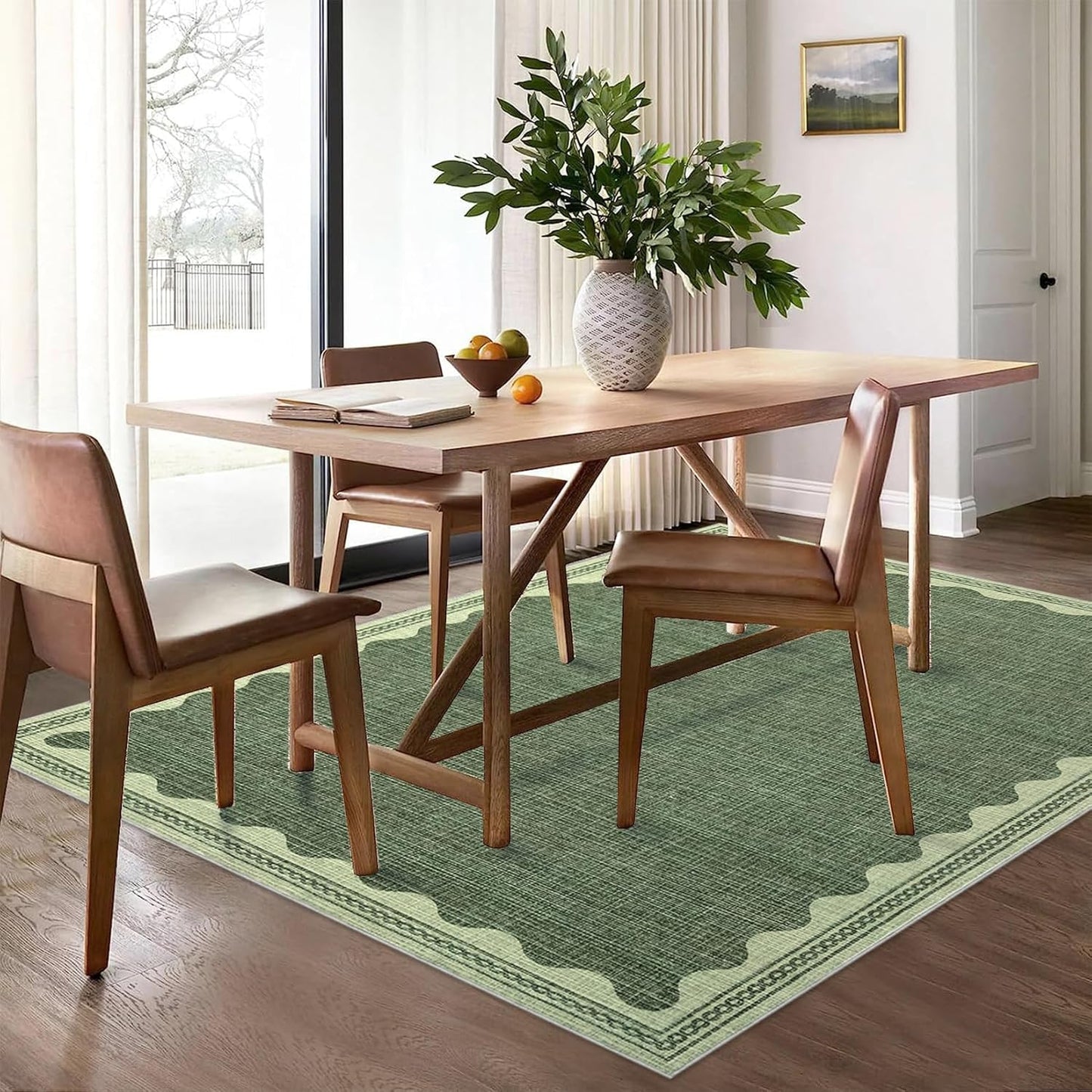 Scalloped Washable Rug 5x7 Area Rugs for Living Room, Solid Green Rug for Bedroom Girls, Non Slip Scalloped Throw Mat with Rubber Back, Soft Dorm Nursery Low Pile Carpet for Dining Room