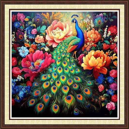 Findvoor Counted Cross Stitch Kits for Adults Full Range of Cross Stitching Embroidery Unprinted Pattern for Beginners, 11CT Needlepoint Kit Patterns Embroidery Kits-Colorful Peacock Flower 18x18 inch