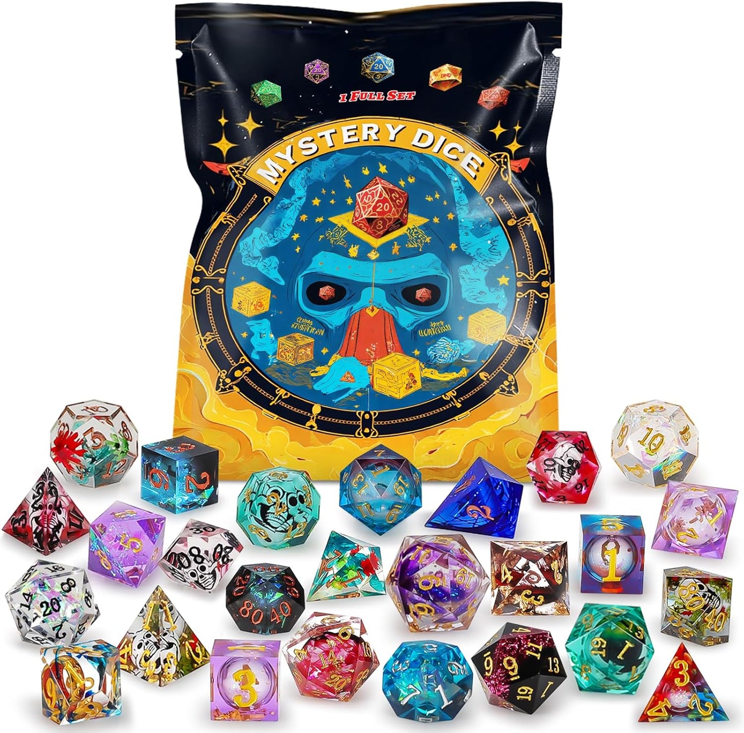 QMAY Resin Mystery Dice Set, 7 Pcs Handmade Sharp Edge Polyhedral Dice, Random Various Styles DND Dice & Dice Bag, DND Gifts, Suitable for Dungeons and Dragons, RPG, MTG,Role Playing Table Game
