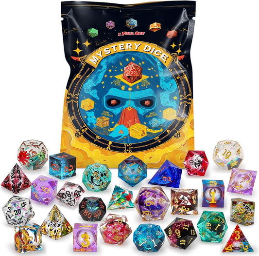 QMAY Resin Mystery Dice Set, 7 Pcs Handmade Sharp Edge Polyhedral Dice, Random Various Styles DND Dice & Dice Bag, DND Gifts, Suitable for Dungeons and Dragons, RPG, MTG,Role Playing Table Game