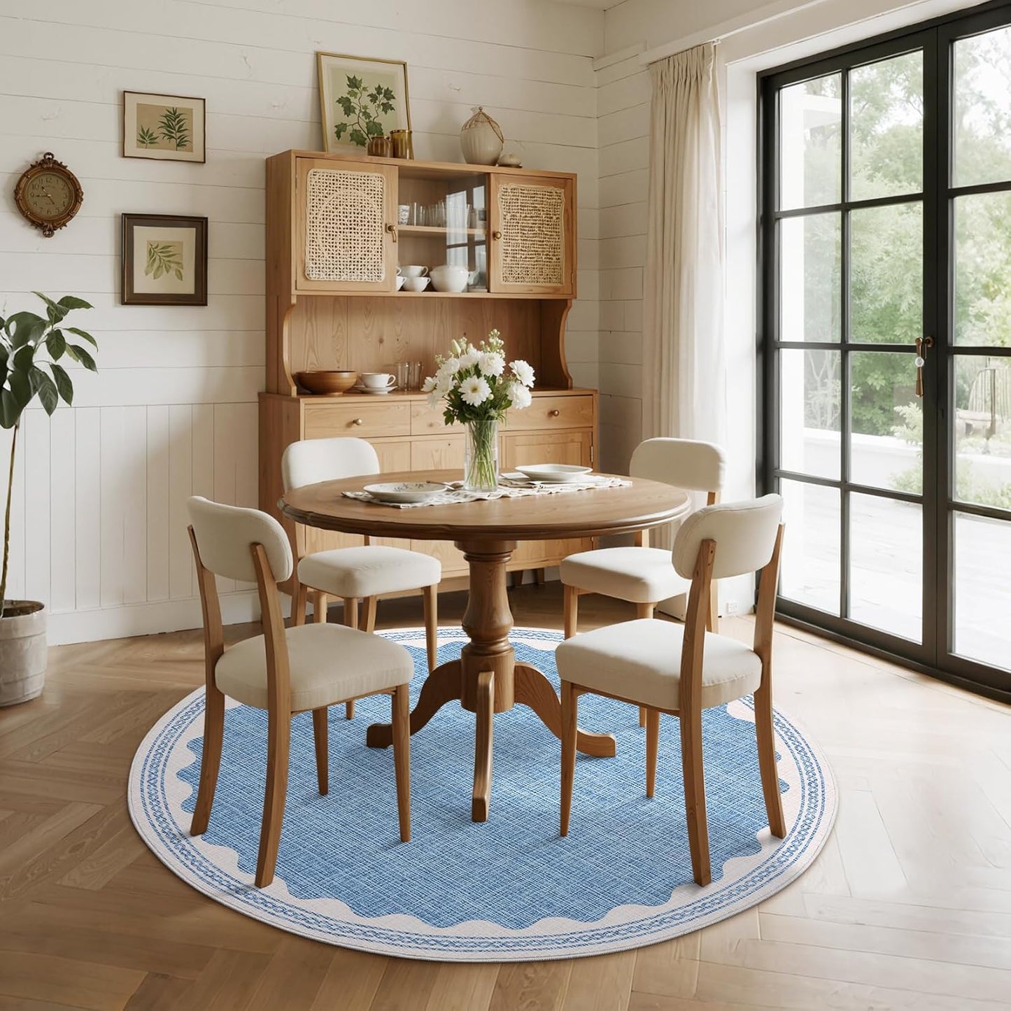 Scalloped Round Rug 4ft, Small Area Rugs Solid Blue Rug for Bedroom Girls, Washable Rugs for Living Room, Non Slip Scalloped Round Bath Mat, Soft Dorm Nursery Carpet for Bedside