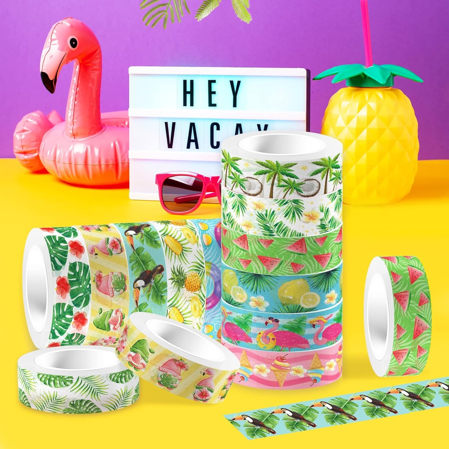 Summer Washi Tape 12 Rolls Aloha Masking Tape Hawaiian Theme Decorative Paper Stickers Flamingo Lemon Watermelon Tape Sticker,for DIY Crafts and Scrapbooking