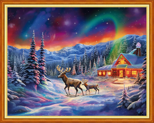 Dimxvean Stamped Cross Stitch Kits,Cross Stitch Kits for Adults Beginners,Embroidery Kits Full Range of Cross Stitch Stamped Kits Needlepoint Kits Cross Stitch Patterns-Aurora Elk 16x20 inch