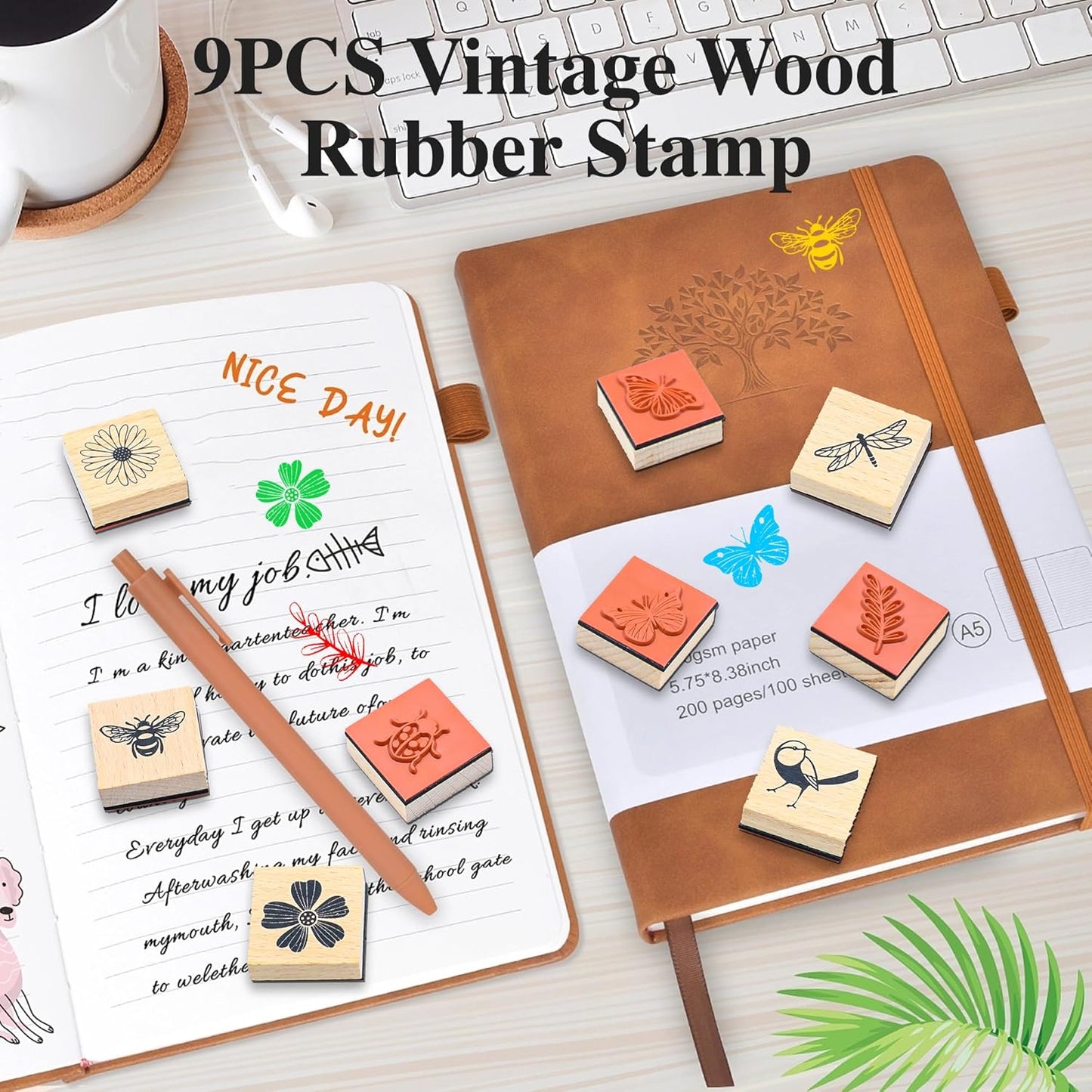 9 PCS Vintage Wooden Rubber Stamps, Wood Stamps for Crafting Pattern of Butterfly Bird Ladybird Flower Plant, Ink Rubber Stamp Set for Scrapbooking, DIY Art and Journals