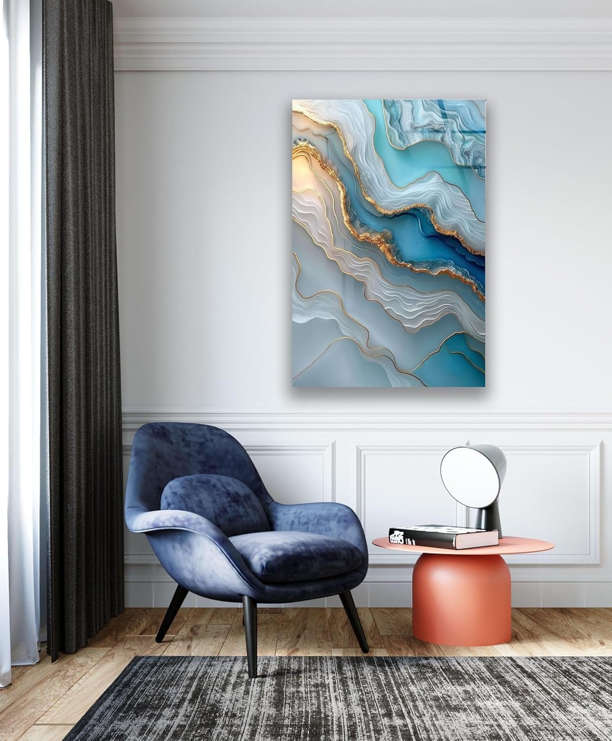 My Photostation.com Round 31,5'' Turquoise and Blue Alcohol ink Glass Wall Art Tempered Glass Printing Wall Decor Large Wall Art Wall Hangings