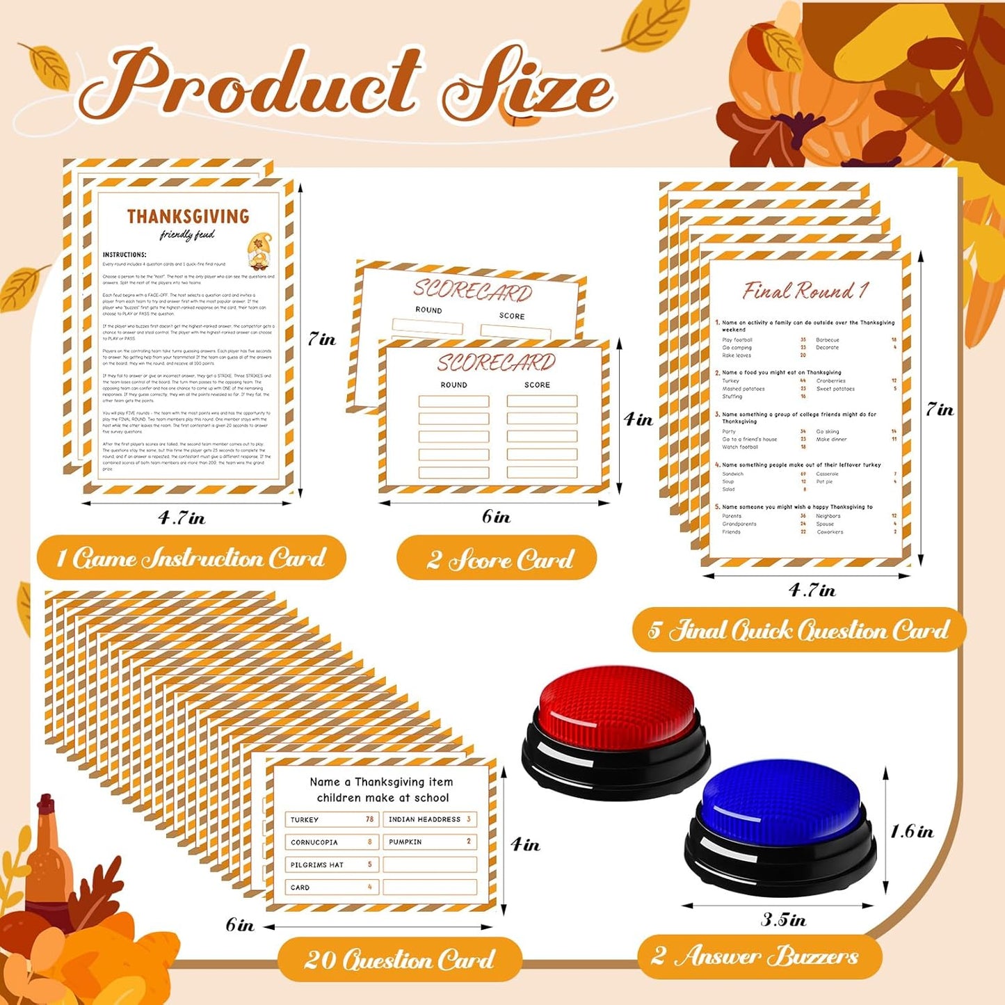 Thanksgiving Day Friendly Feud Game with 2 Answer Buzzers, Fall Holiday Feud Cards for Family Game Night Fun Trivia Quiz for Autumn Pumpkin Party Office Class Groups Team Building