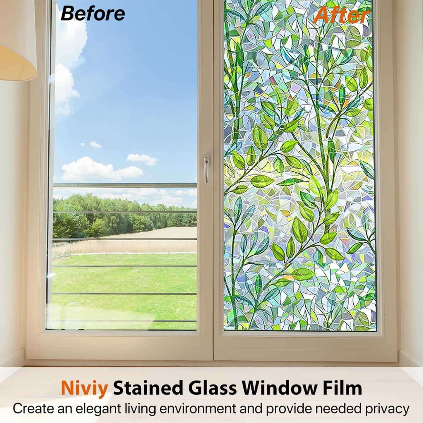 Niviy Window Privacy Film Stained Glass Window Film with Installation Tools, Rainbow Windows Decorative Decals Non-Adhesive Reusable for Home, Bathroom, Glass Door (Leaf Rainbow, 23.6 x 118 in)