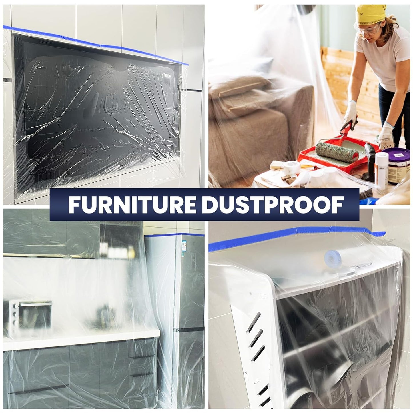 ADHES Painters Plastic with Tape, 24 inch x 90 feet x 3 Rolls Painters Tape with Plastic Attached, Pre Taped Masking Film Tape and Drape for Automotive Painting Covering