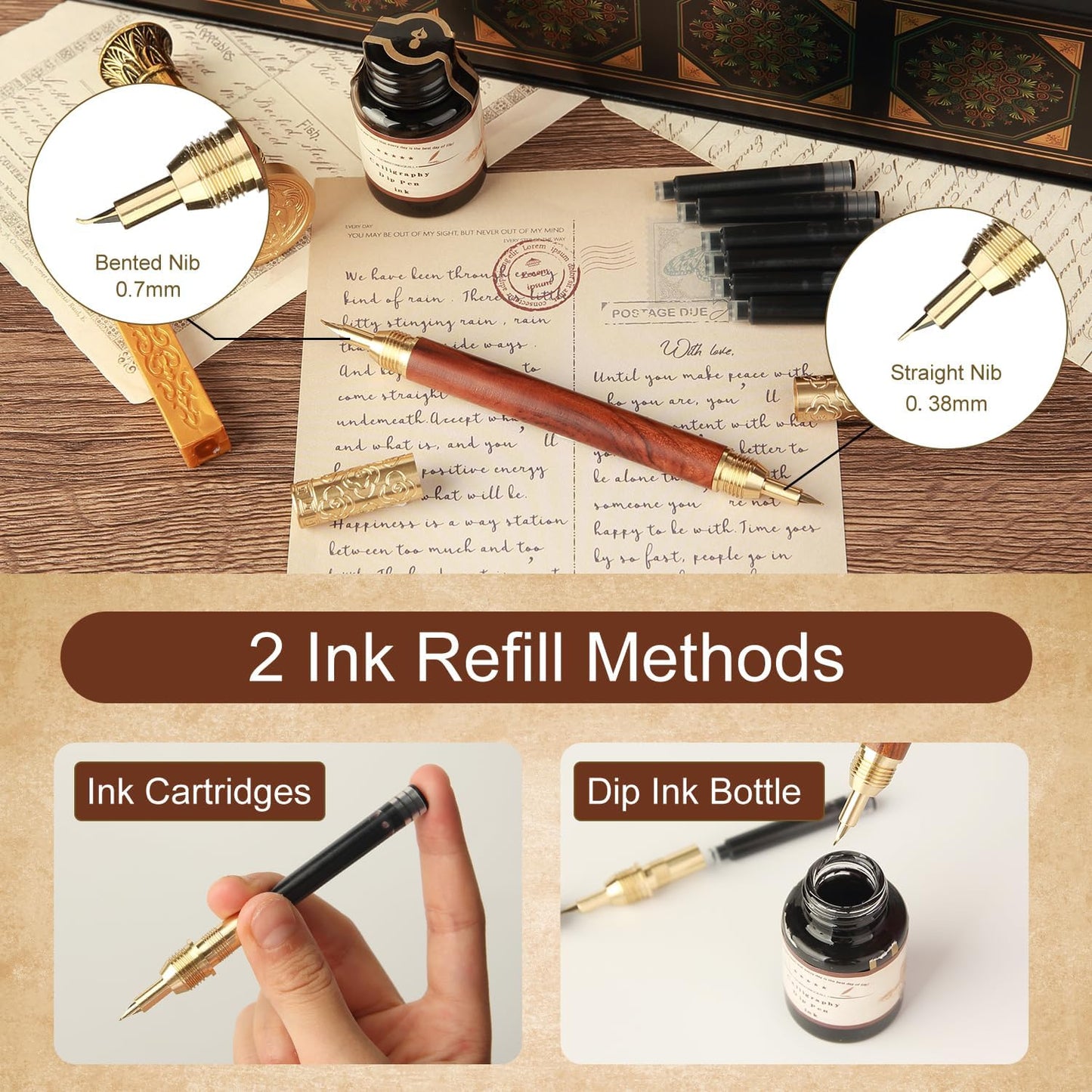 GC QUILL Calligraphy Set - 18pcs With Dual Tip Fountain Pen, Feather Dip Pen, Stamp, Wax Candle, Pen Base, Ink Bottle, Cartridges