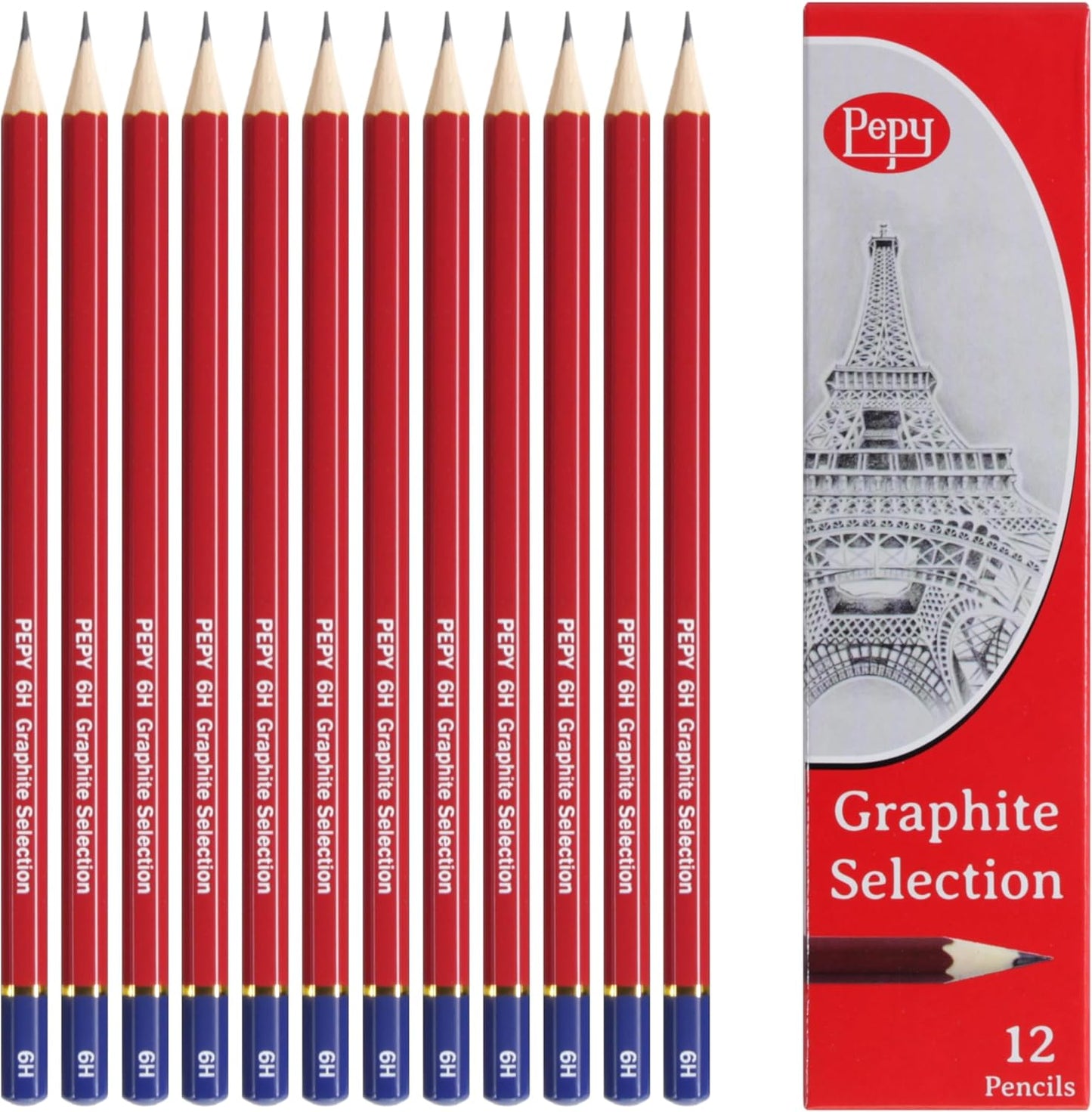 Pepy Graphite Professional Drawing Pencils - Set of 12 6H Pre-Sharpened Black Lead Pencils; Perfect for Drawing, Sketching and Shading, Graphic and Fine Art