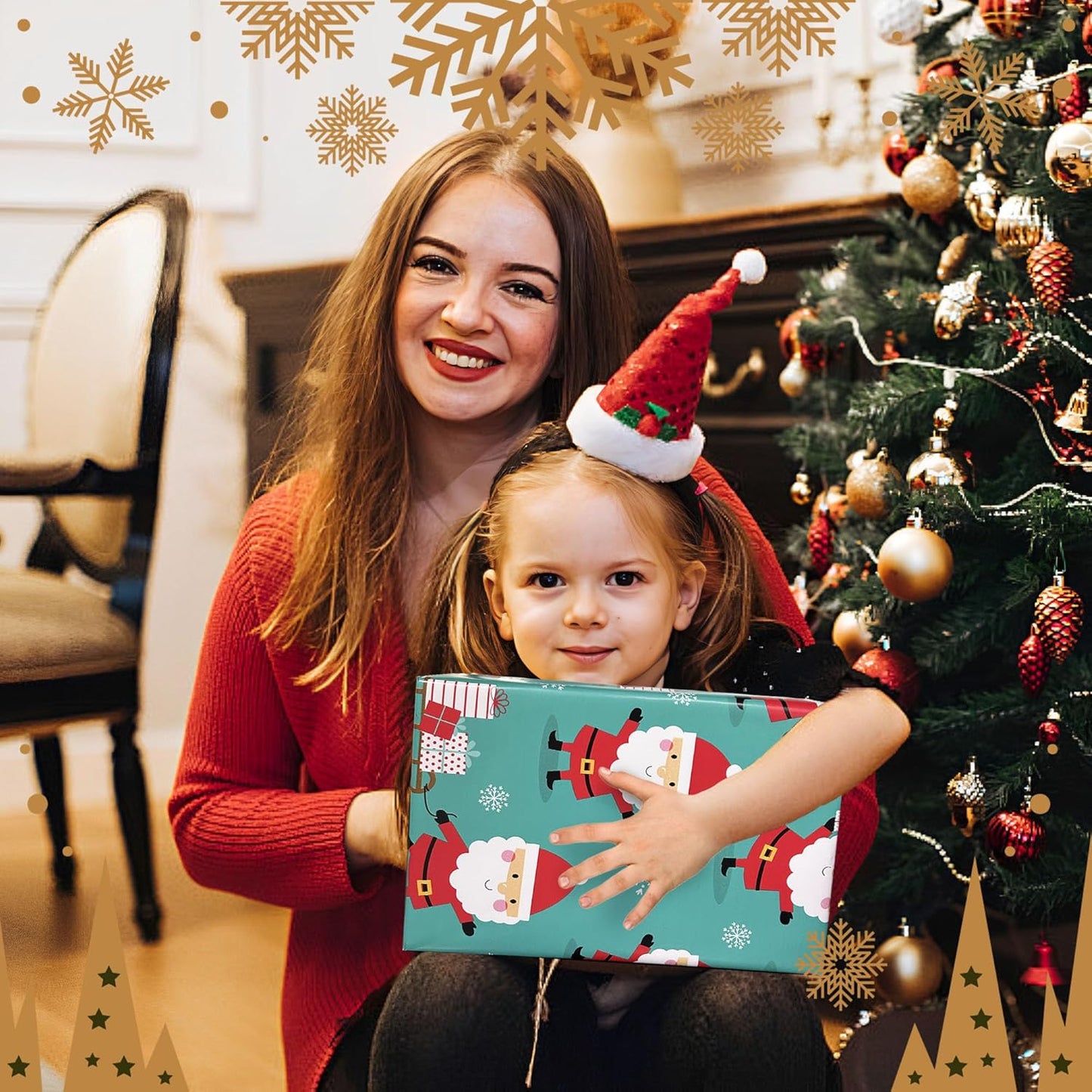 Cherubfunz Christmas Wrapping Paper (4 Rolls: 93 sq. ft. ttl) Santa Claus Carrying Gifts, Candy Cane, Reindeer, Christmas Tree/Bell, Dogs Pattern - 17 inches x 16.5 feet Per Roll